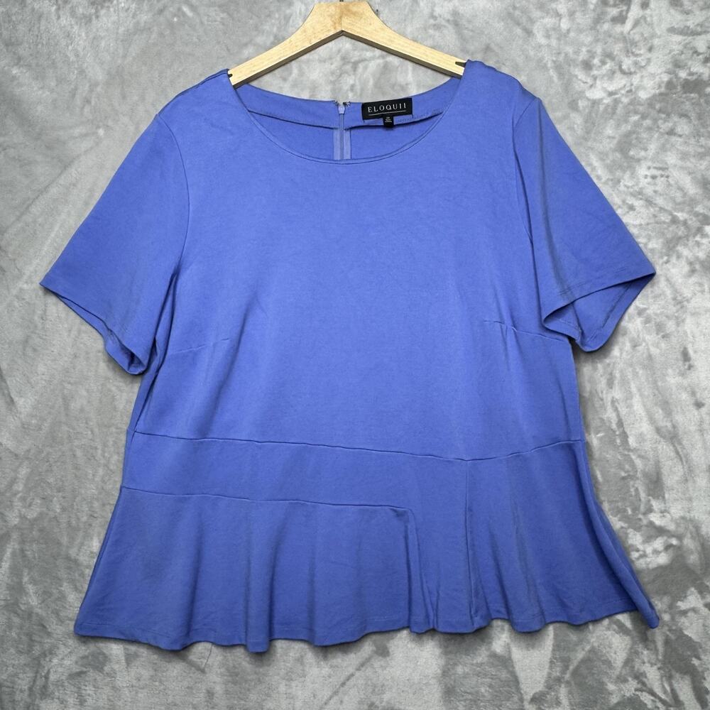 ELOQUII Blouse Womens 24 Blue Short Sleeve Scoop Neck Peplum Hem Stretch Career